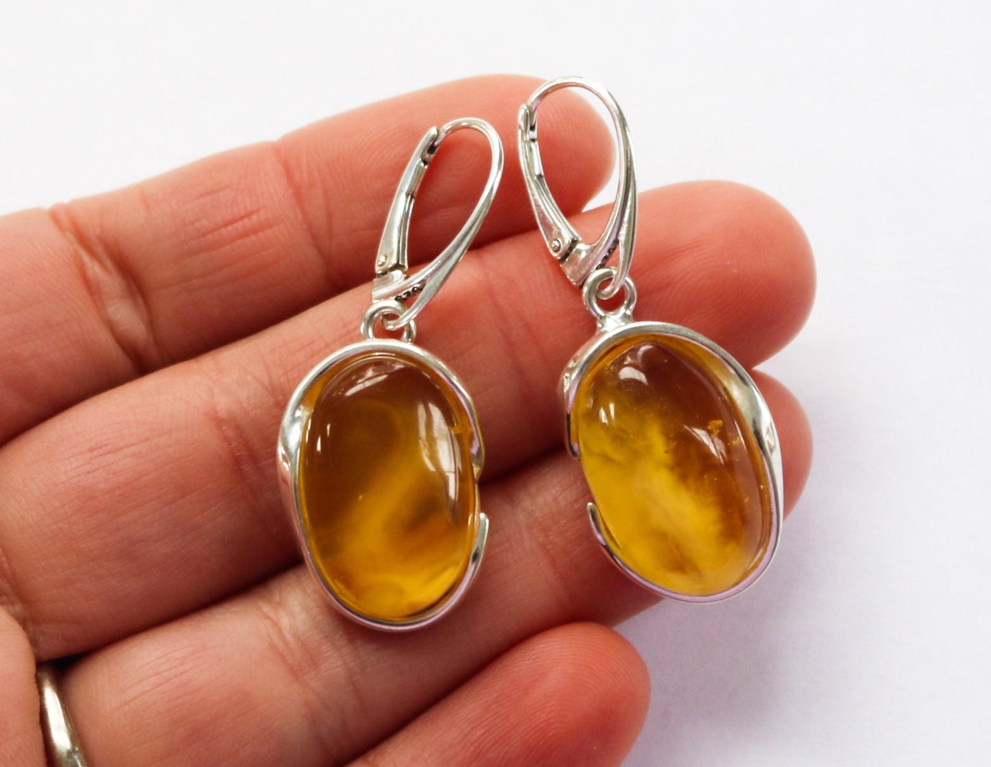 Baltic Amber Earrings Yellow Cloudy Oval Natural Jewelry 1.7" 8.3 gram 925 silver