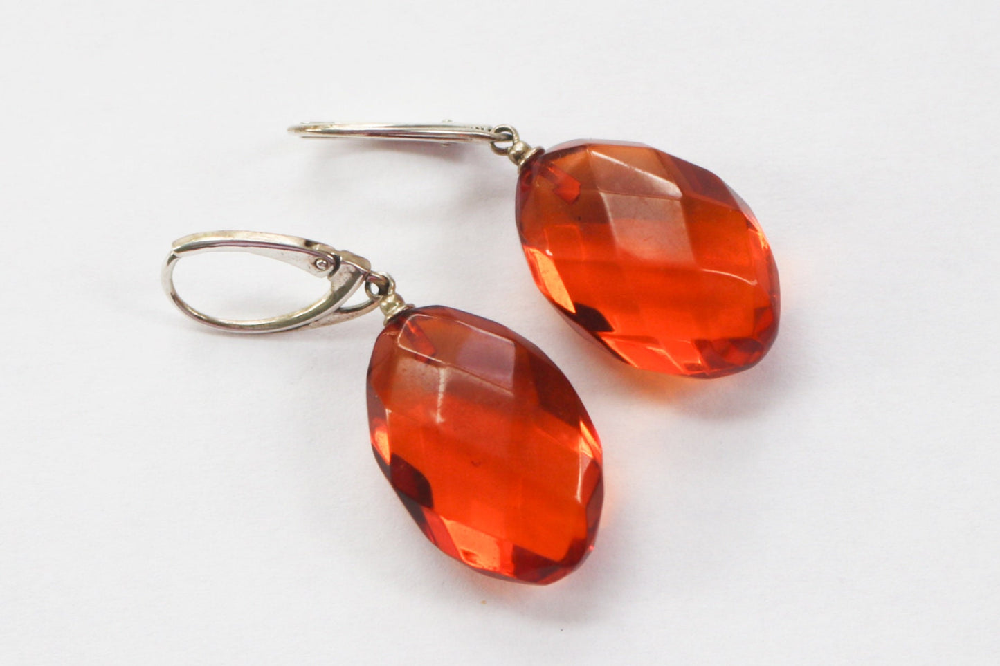 Baltic Amber Earrings Faceted Cognac Oval Natural Jewelry 1.74" 5.6 gram 925 silver