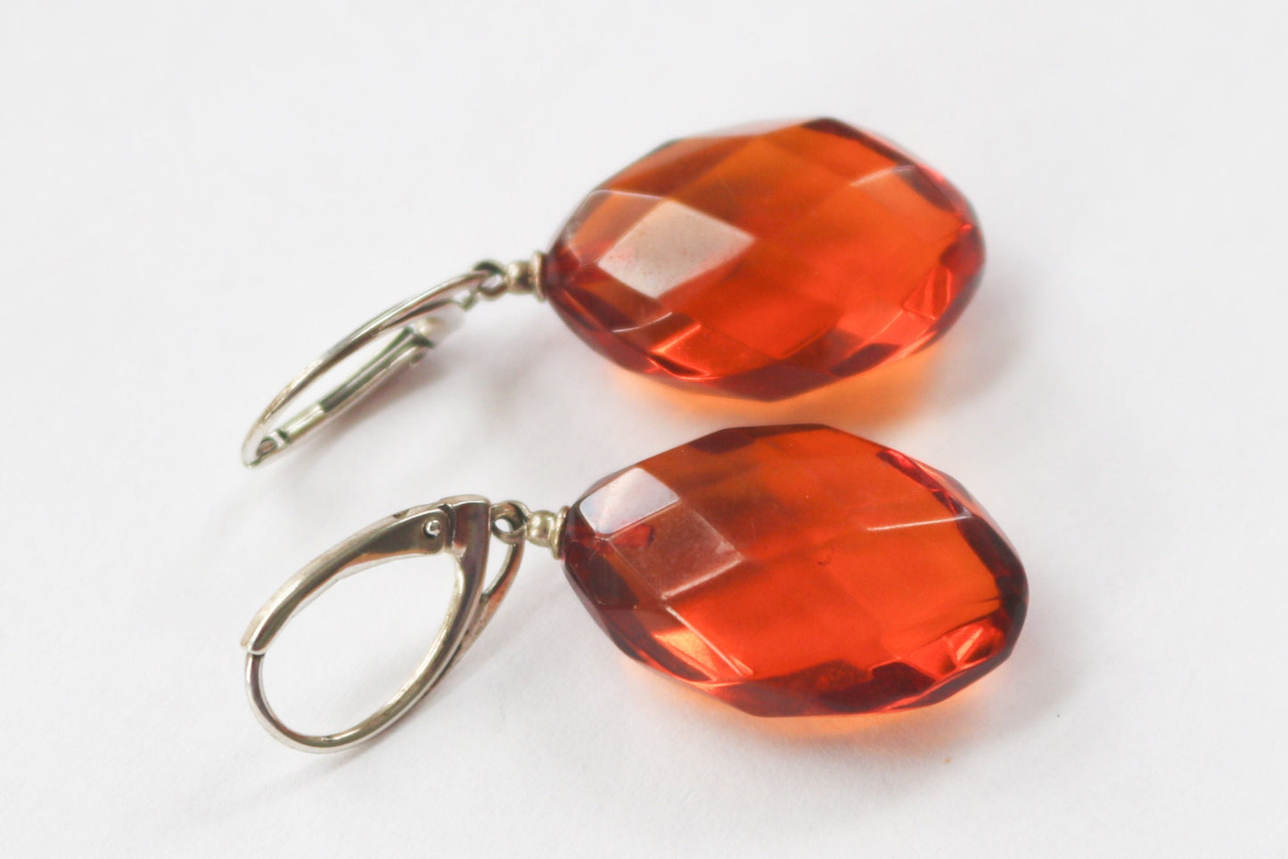 Baltic Amber Earrings Faceted Cognac Oval Natural Jewelry 1.74" 5.6 gram 925 silver