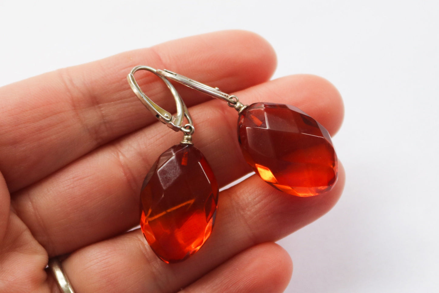 Baltic Amber Earrings Faceted Cognac Oval Natural Jewelry 1.74" 5.6 gram 925 silver