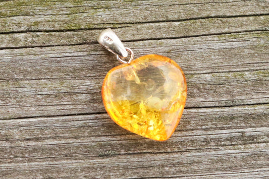 Baltic Amber Heart Pendant Yellow Lemon Sparkling 1.16" 1.8 gram 925 Silver