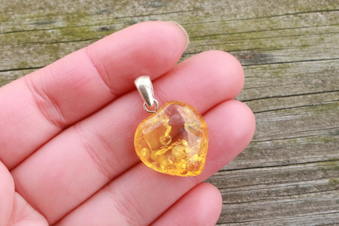 Baltic Amber Heart Pendant Yellow Lemon Sparkling 1.16" 1.8 gram 925 Silver