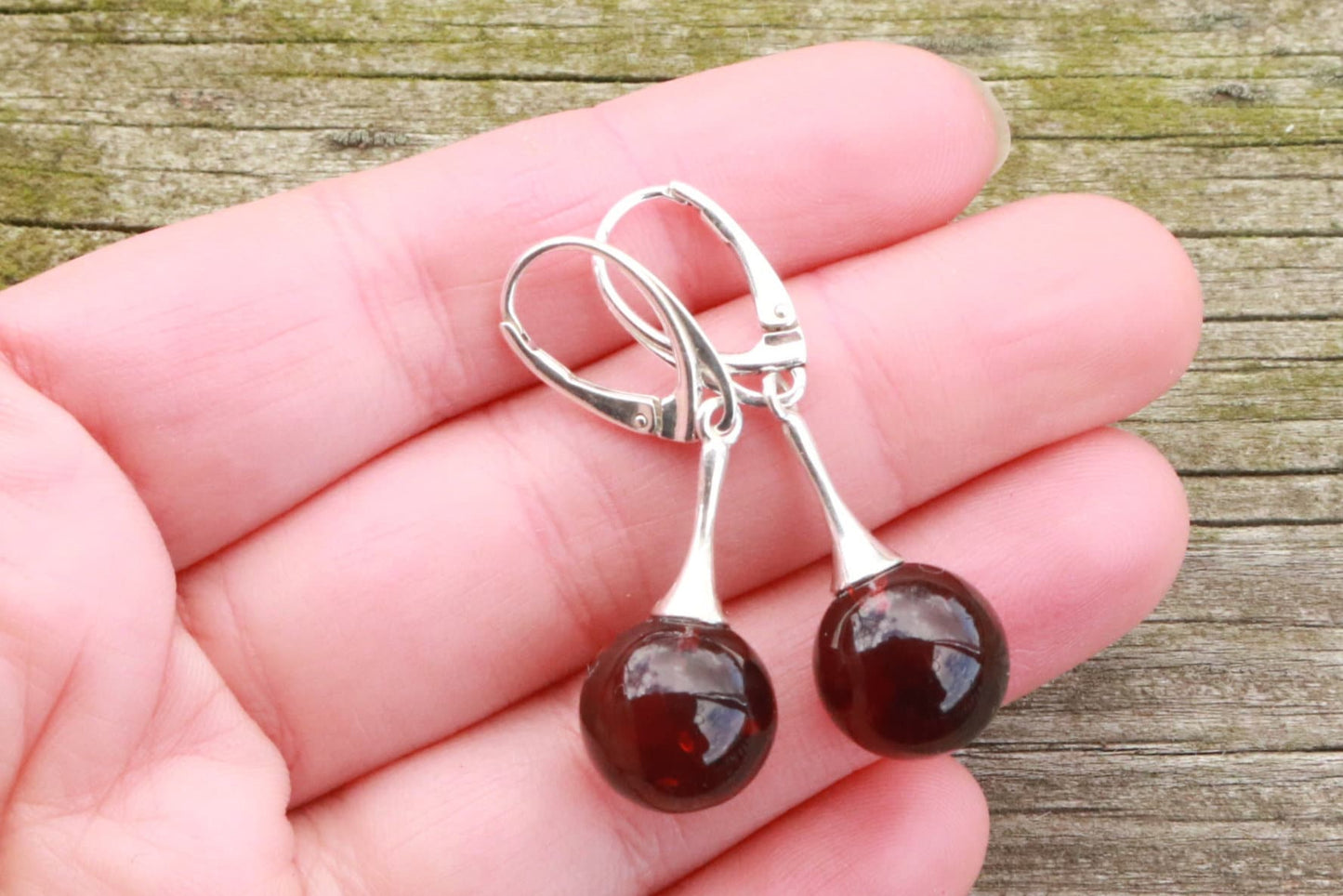 Baltic Amber Earrings Cherry Ball 1.7" 925 Silver 4.1 gram