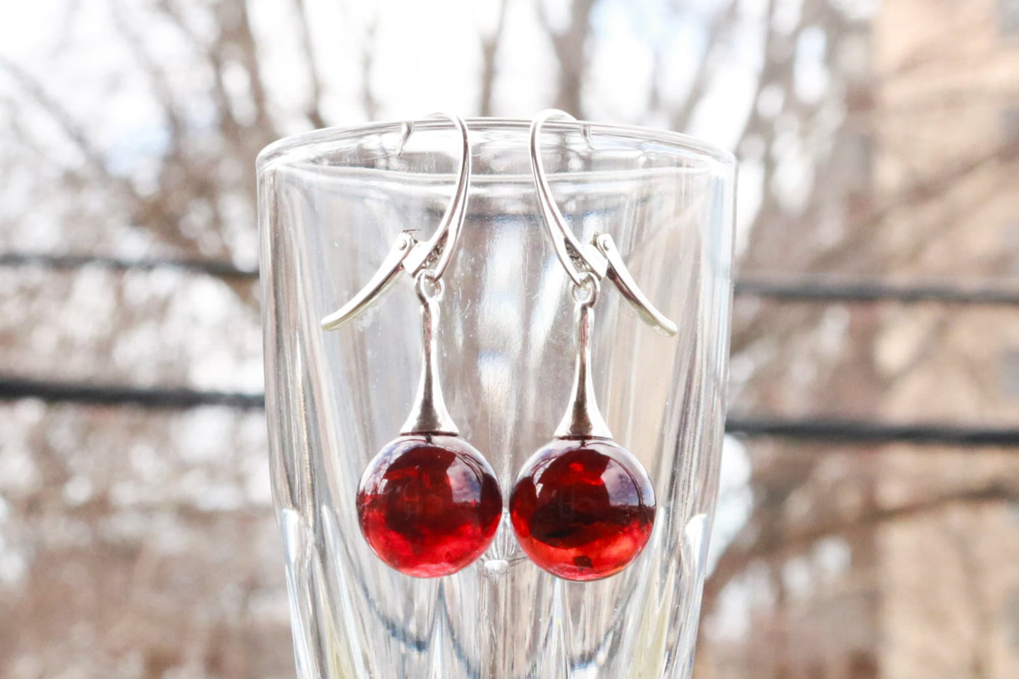 Baltic Amber Earrings Cherry Ball 1.7" 925 Silver 4.1 gram