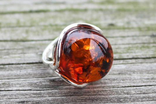 Baltic Amber Ring Cognac Round Adjustable Natural Unisex Jewelry 12.7 gram