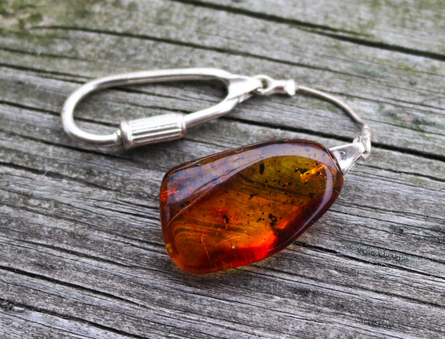 Baltic Amber Keychain with Fossil Insect Inclusions Natural 7.5 gram 925 Silver