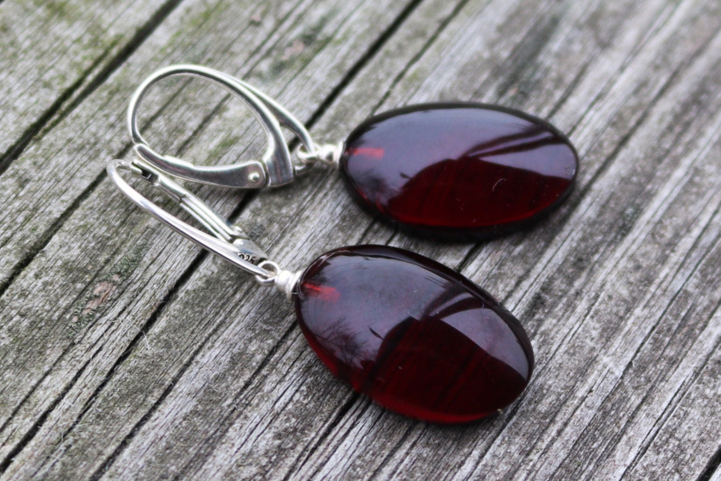 Baltic Amber Earrings Cherry Oval Natural 1.7" 3.7 gram 925 Silver