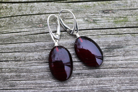 Baltic Amber Earrings Cherry Oval Natural 1.7" 3.7 gram 925 Silver