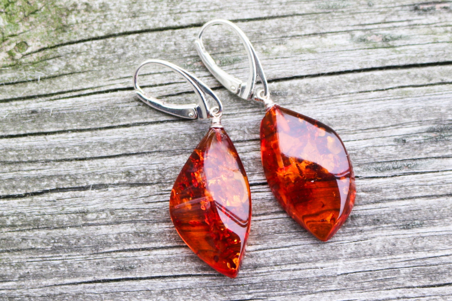 Baltic Amber Earrings Cognac Faceted Sparkling 1.85" 925 Silver 5.4 gram