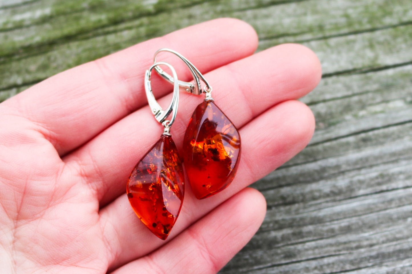 Baltic Amber Earrings Cognac Faceted Sparkling 1.85" 925 Silver 5.4 gram