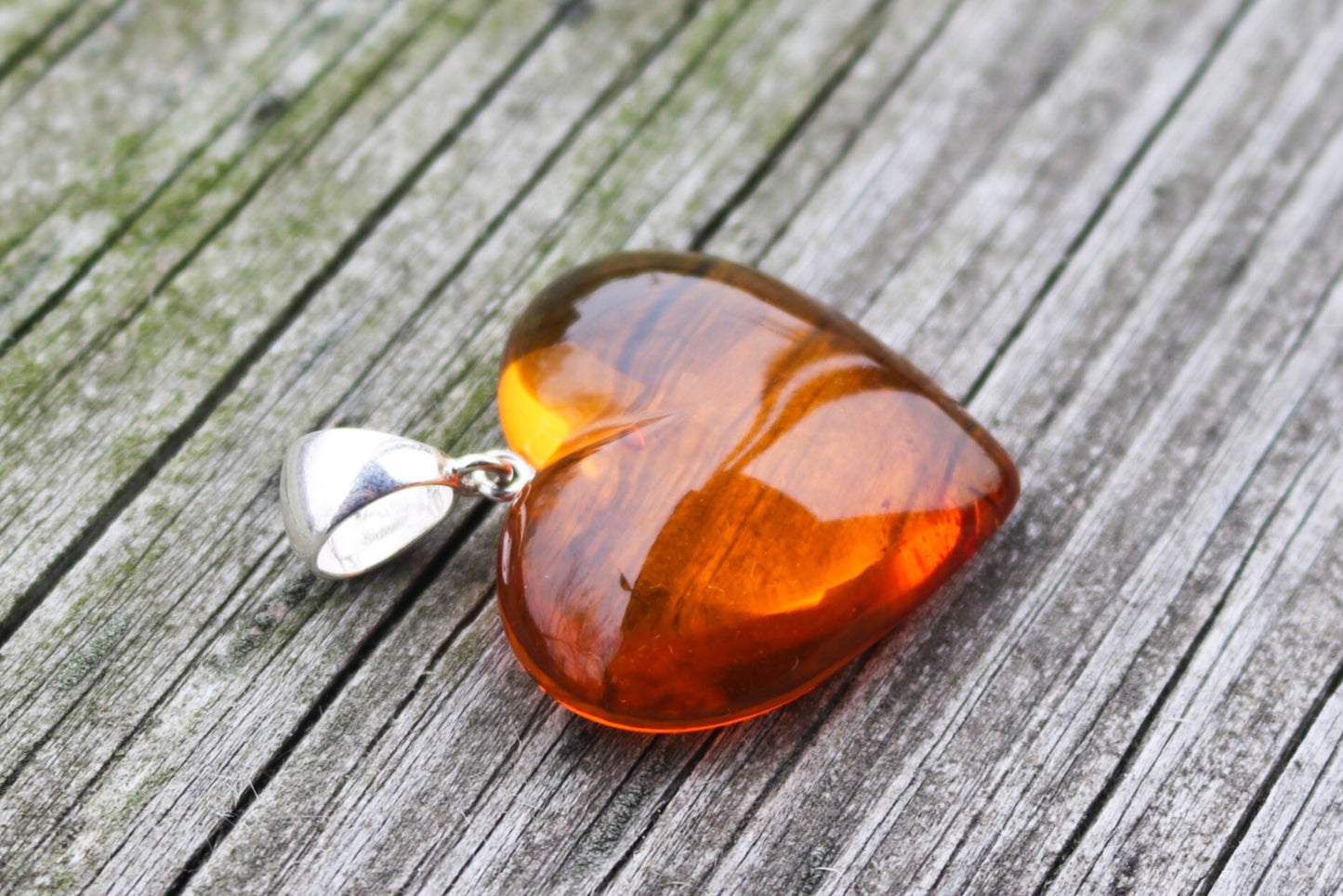 Baltic Amber Heart Pendant Honey Natural 1.75" 7.7 gram 925 Silver