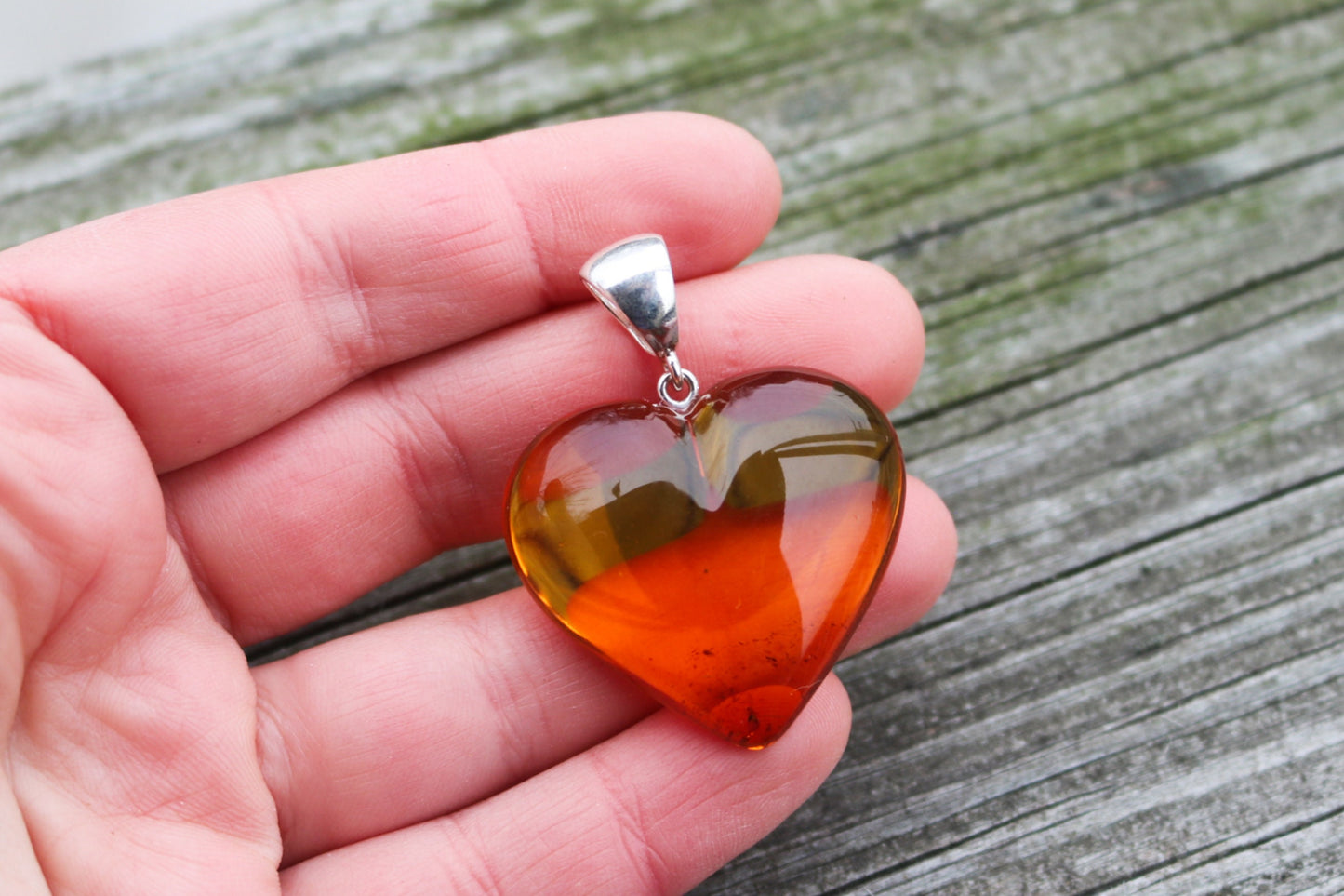 Baltic Amber Heart Pendant Honey Natural 1.75" 7.7 gram 925 Silver