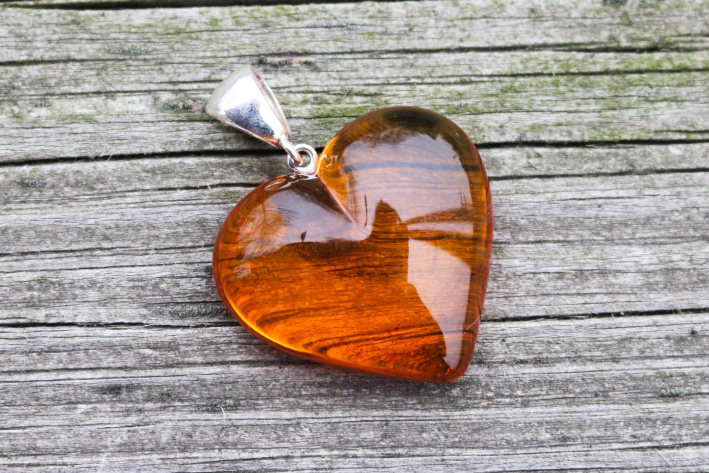 Baltic Amber Heart Pendant Honey Natural 1.75" 7.7 gram 925 Silver