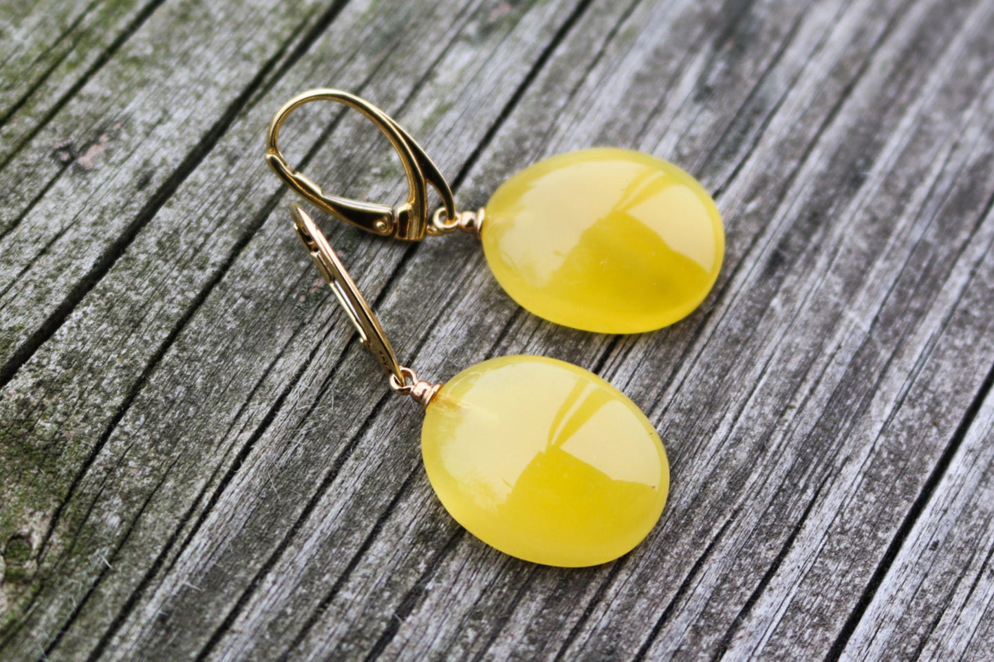 Baltic Amber Earrings Yellow Oval Gold Plated Natural Jewelry 1.9" 4.4 gram 935 Silver