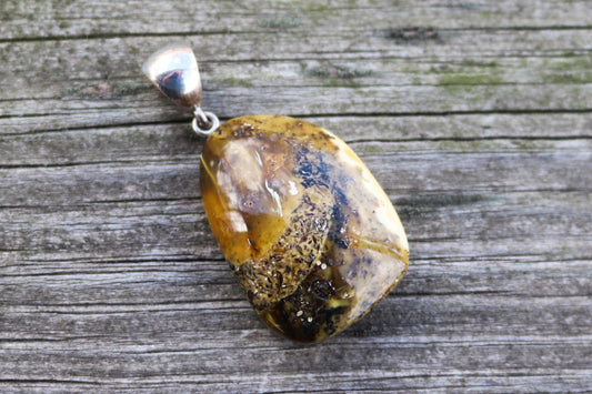 Baltic Amber Pendant Gray Butterscotch Natural Untreated Unisex 1.8" 5.8 gram 925 Silver