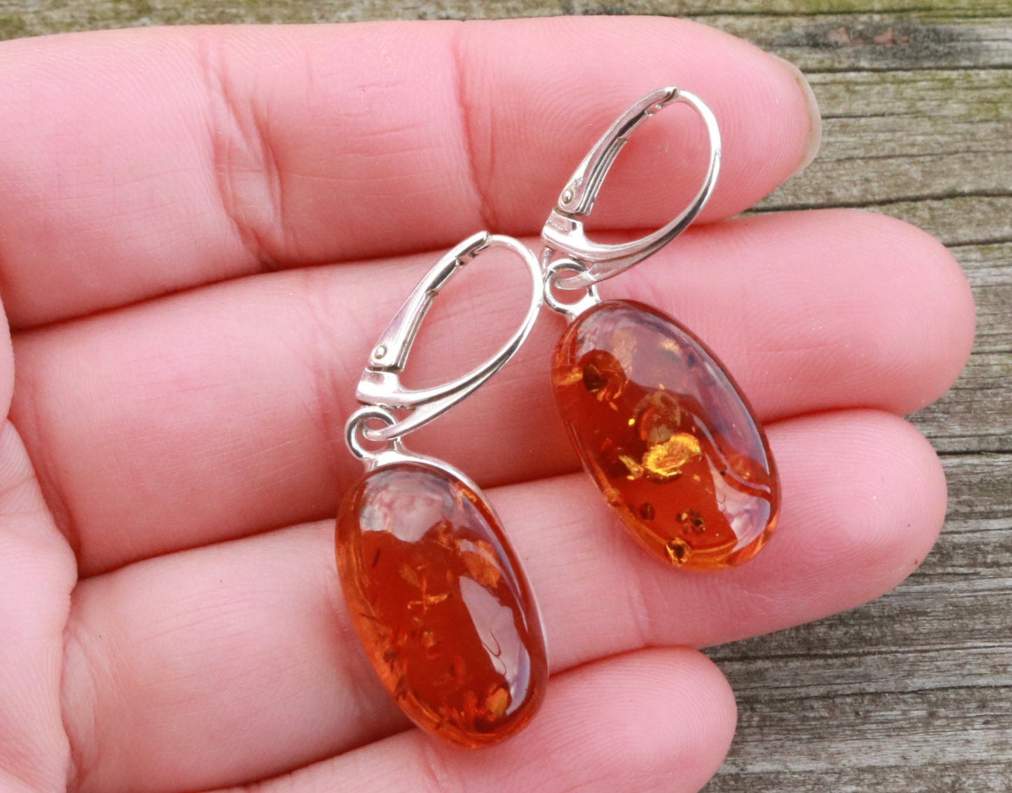 Baltic Amber Earrings Honey Oval Sparkling Natural Jewelry 1.62" 6 gram 925 silver