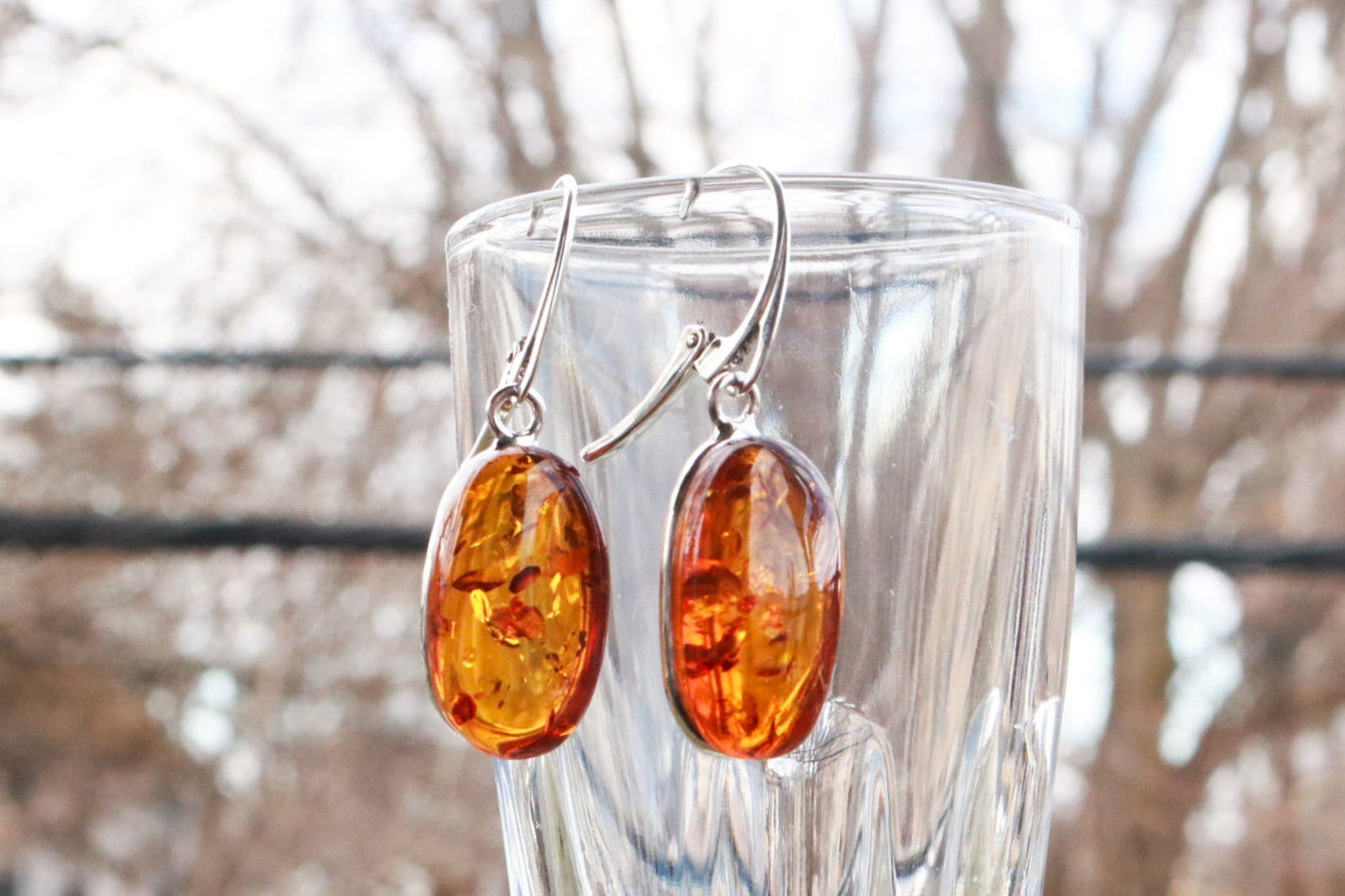 Baltic Amber Earrings Honey Oval Sparkling Natural Jewelry 1.62" 6 gram 925 silver