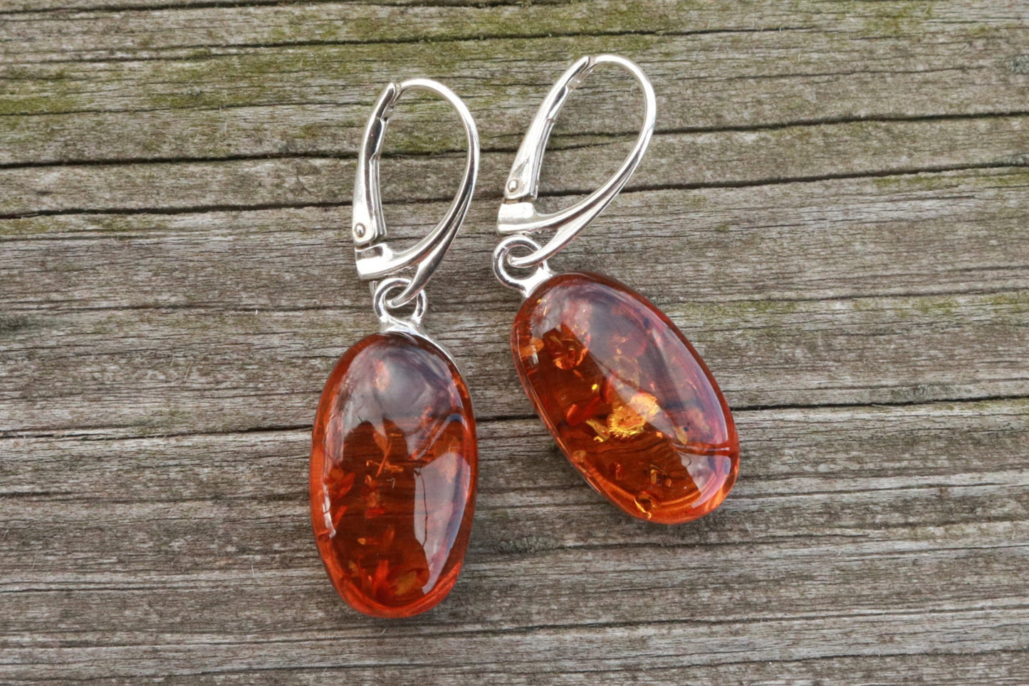 Baltic Amber Earrings Honey Oval Sparkling Natural Jewelry 1.62" 6 gram 925 silver