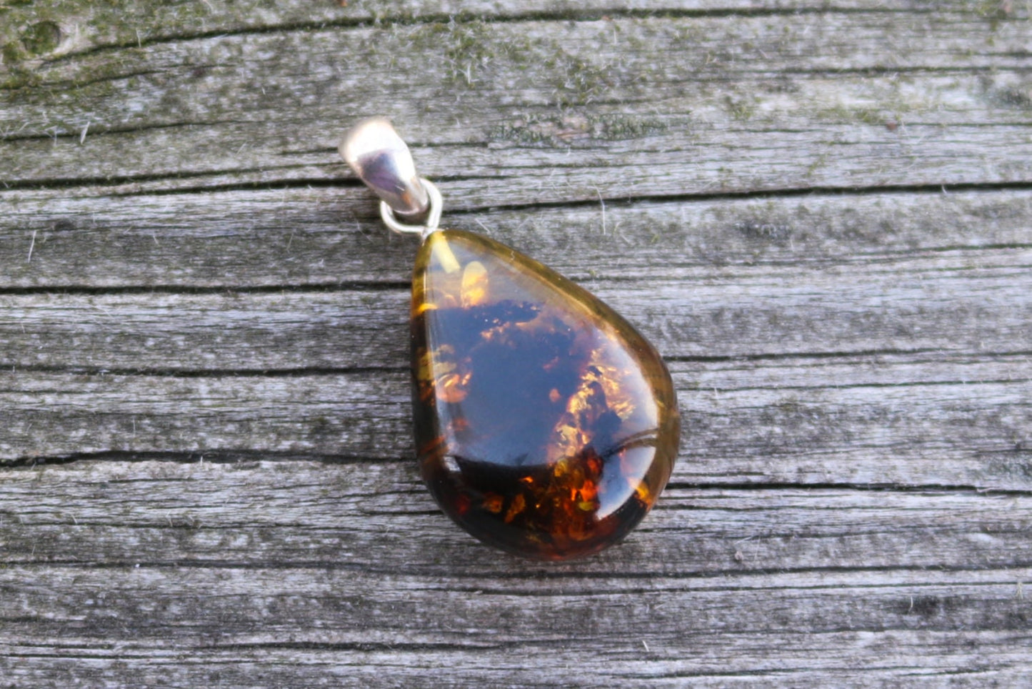 Baltic Amber Pendant Green Drop Sparkling Unisex Jewelry 1.3" 2.4 gram 925 Silver