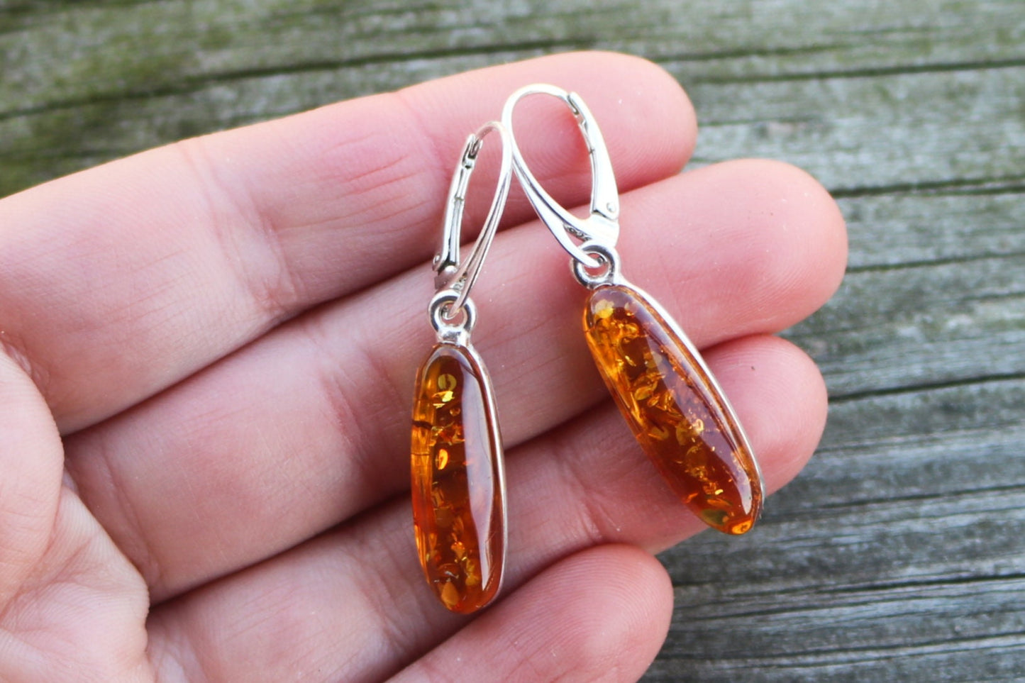 Baltic Amber Earrings Honey Oval Sparkling Natural Jewelry 1.72" 5.8 gram 925 silver