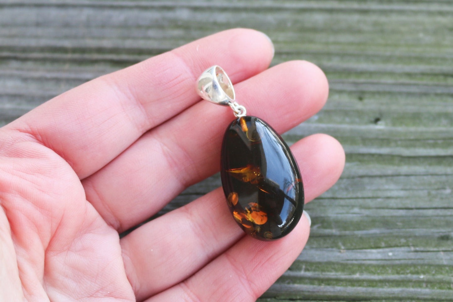 Baltic Amber Pendant Sparkling Green Drop Unisex Jewelry 1.9" 5.7 gram 925 Silver