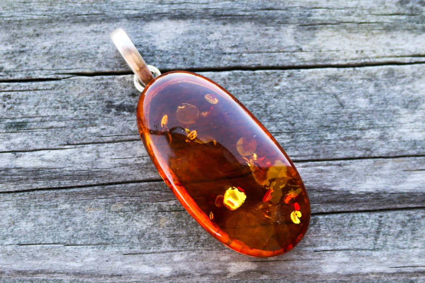 Baltic Amber Pendant Honey Oval Sparkling Unisex 2.15" 10.3 gram 925 Silver