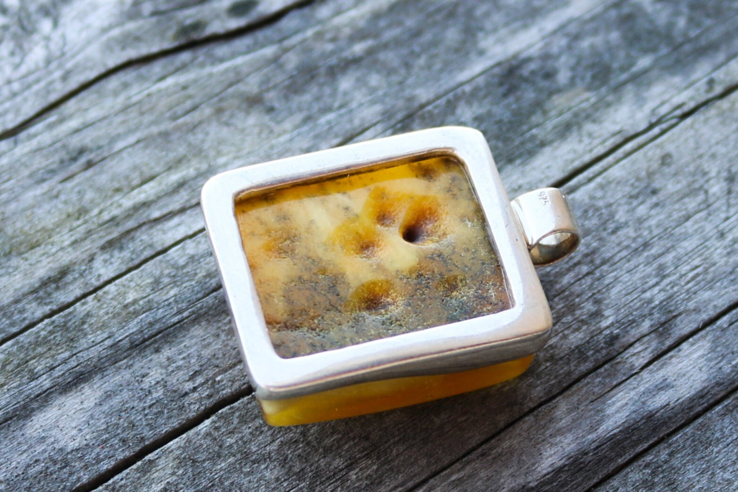 Baltic Amber Pendant Butterscotch Cloudy Rectangle Natural Untreated Unisex Jewelry 1.5" 15.1 gram 925 Silver