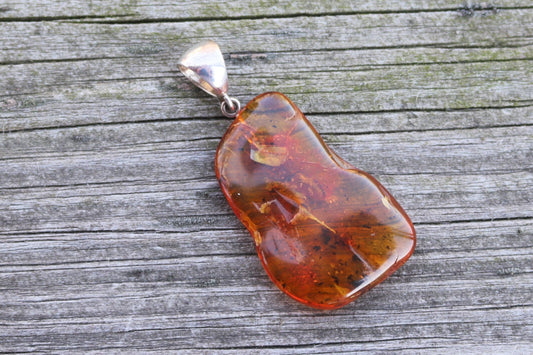 Baltic Amber Pendant Fossil Insect Natural Honey Unisex Jewelry 2.1" 5.2 gram 925 silver