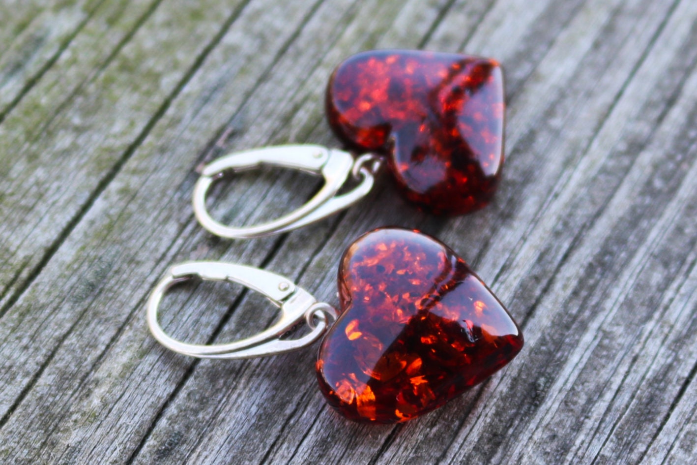 Baltic Amber Heart Earrings Cherry Natural Dangling Jewelry 1.4″ 4.7 gram 925 Silver