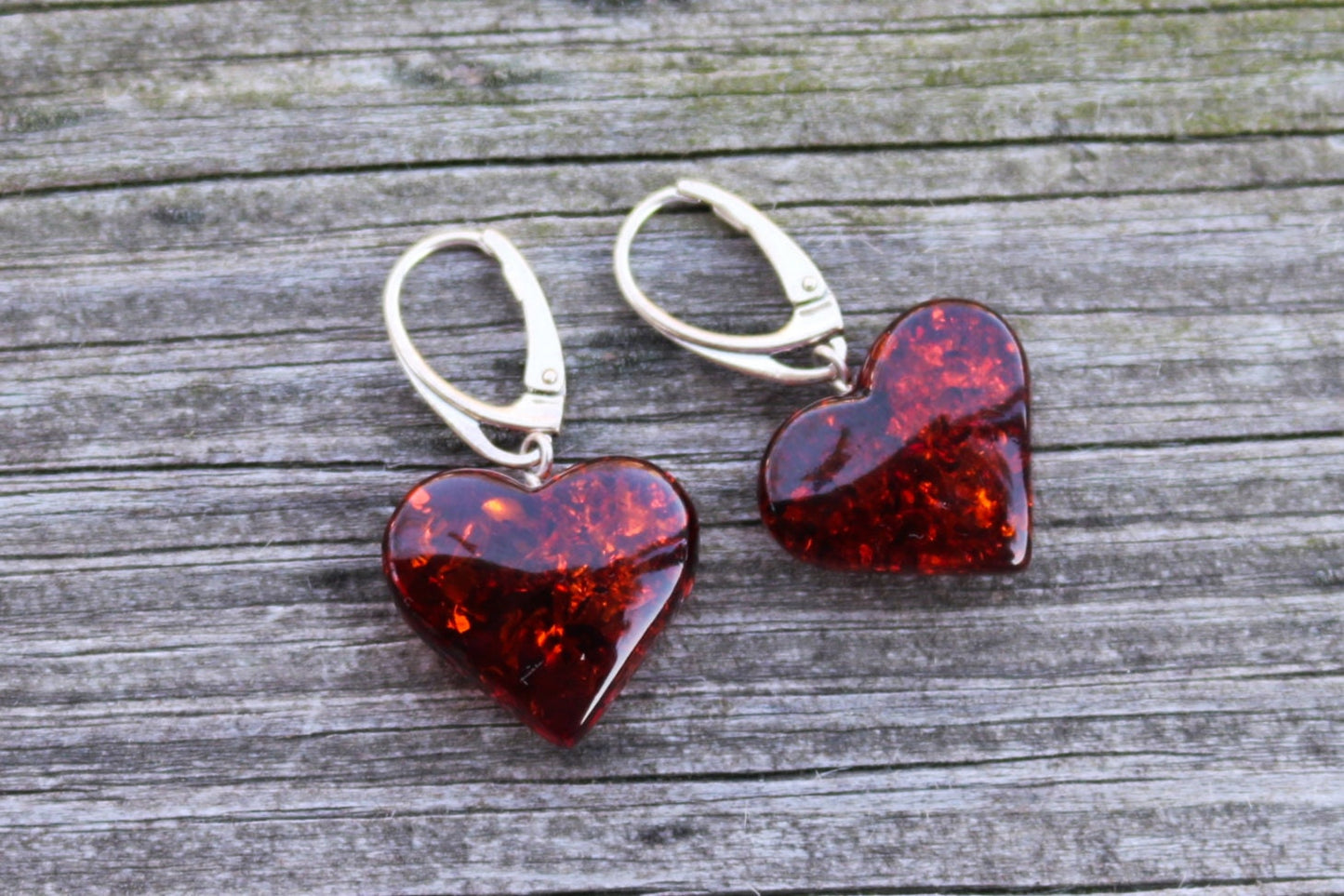 Baltic Amber Heart Earrings Cherry Natural Dangling Jewelry 1.4″ 4.7 gram 925 Silver