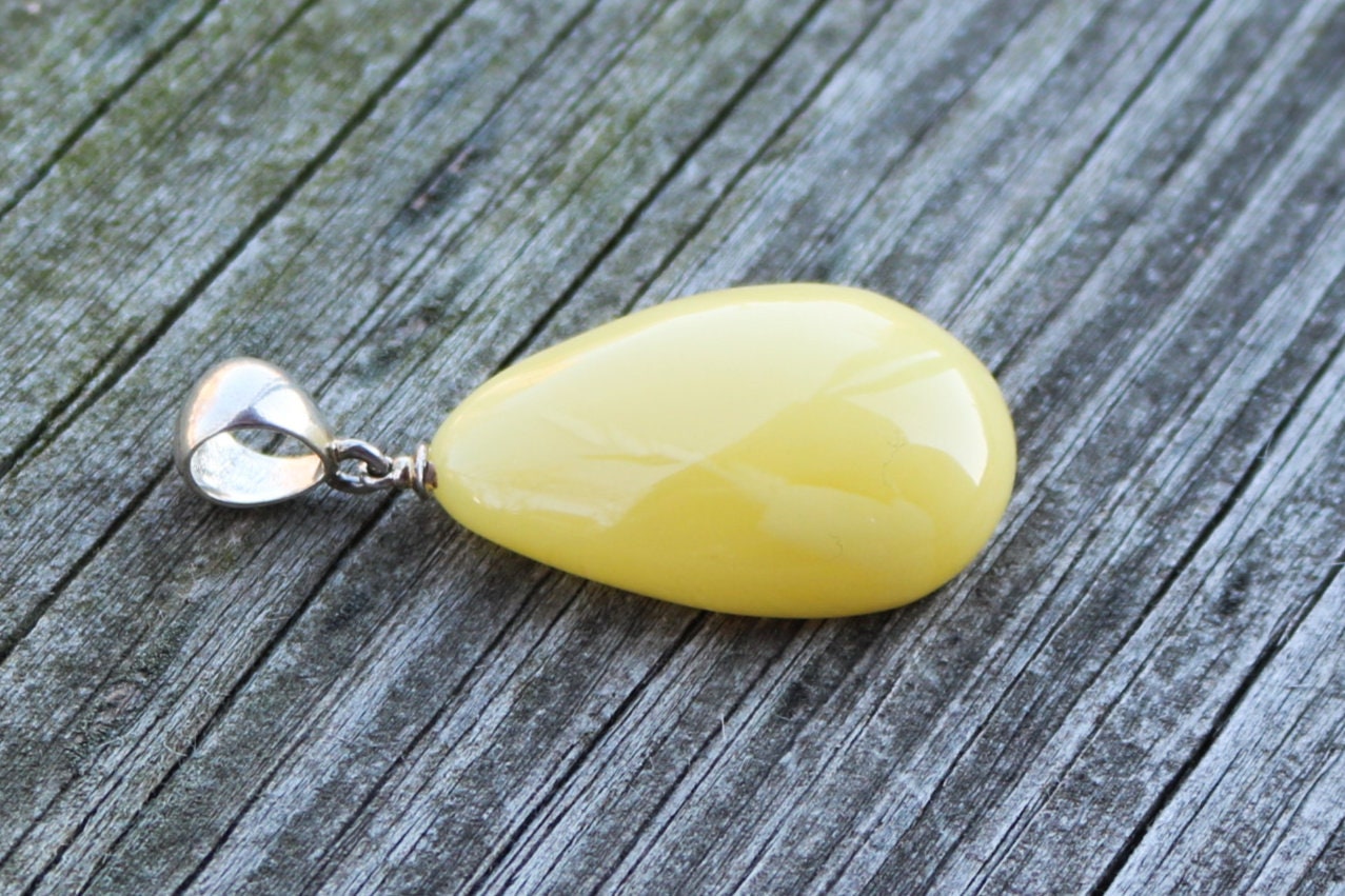 Baltic Amber Pendant Milky Buttersotch Drop Unisex Jewelry 1.96" 6.3 gram 925 Silver