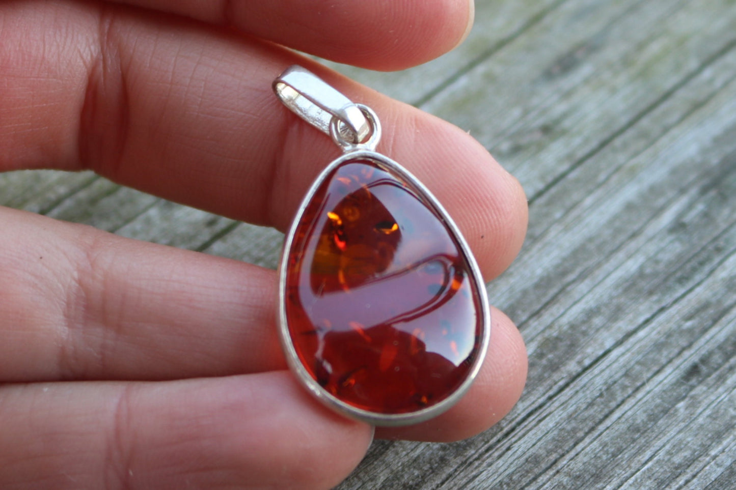 Baltic Amber Cherry Drop Pendant Natural Sparkling 1.6" 3.3 gram 925 Silver