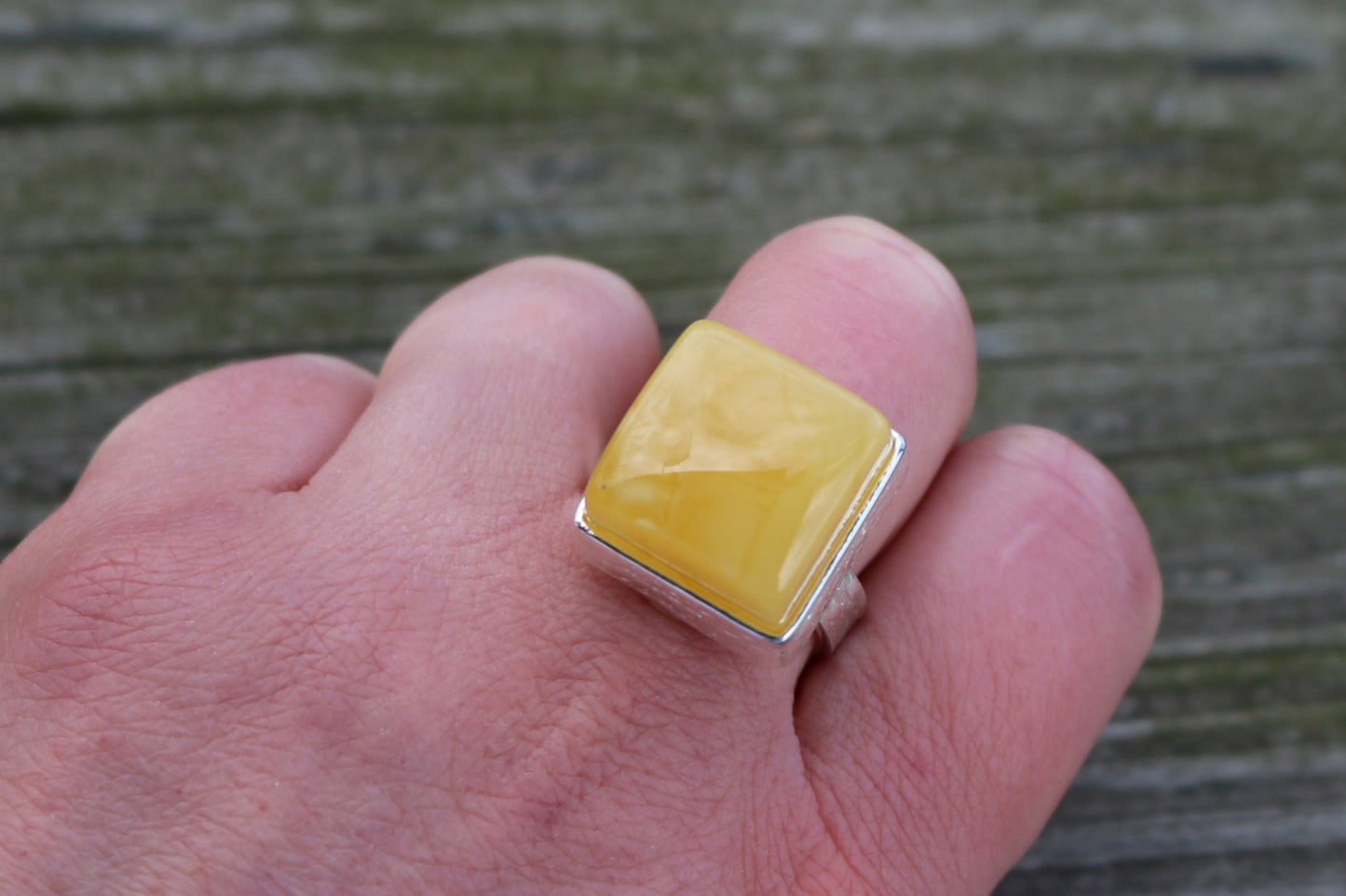 Baltic Amber Butterscotch Ring Adjustable Square Milky Natural Untreated 925 Silver 12 gram