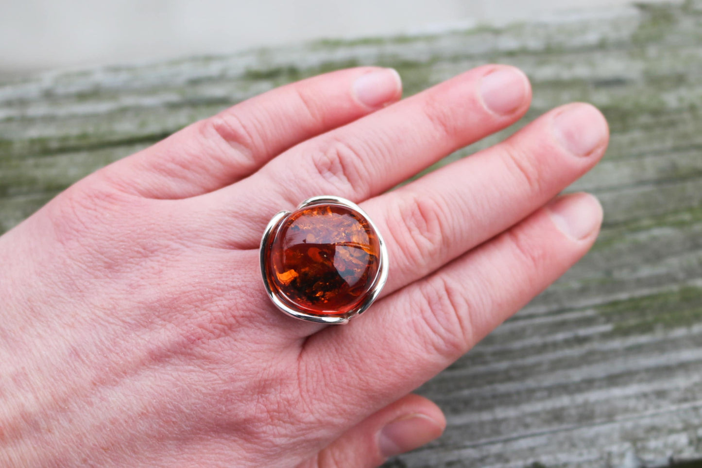 Baltic Amber Ring Cognac Round Adjustable Natural Unisex Jewelry 12.7 gram