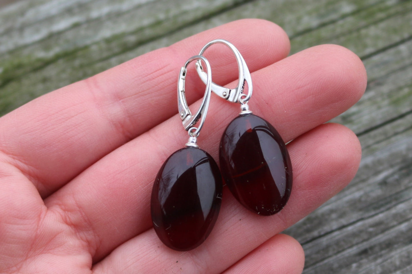 Baltic Amber Earrings Cherry Oval Natural 1.7" 3.7 gram 925 Silver