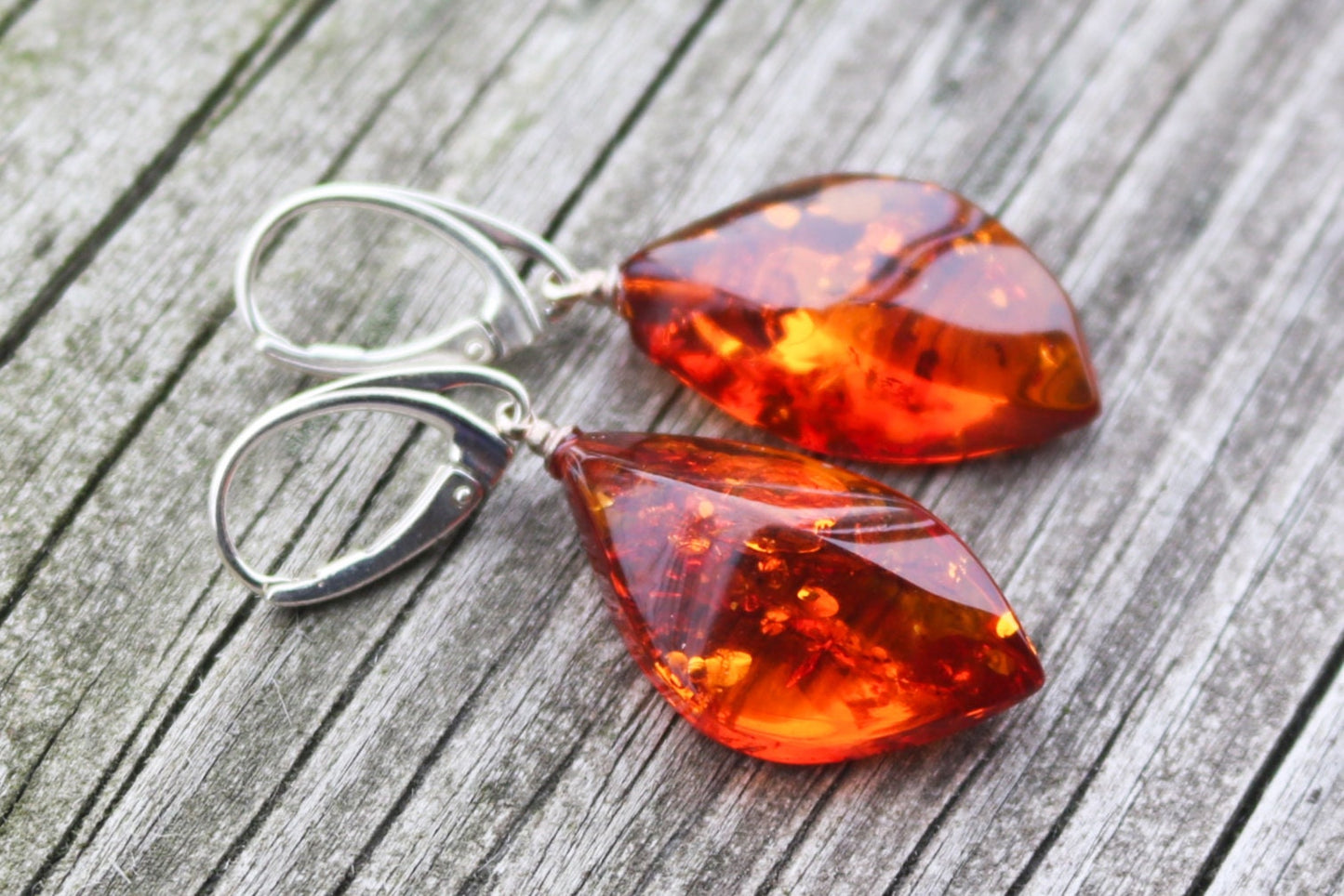 Baltic Amber Earrings Cognac Faceted Sparkling 1.85" 925 Silver 5.4 gram