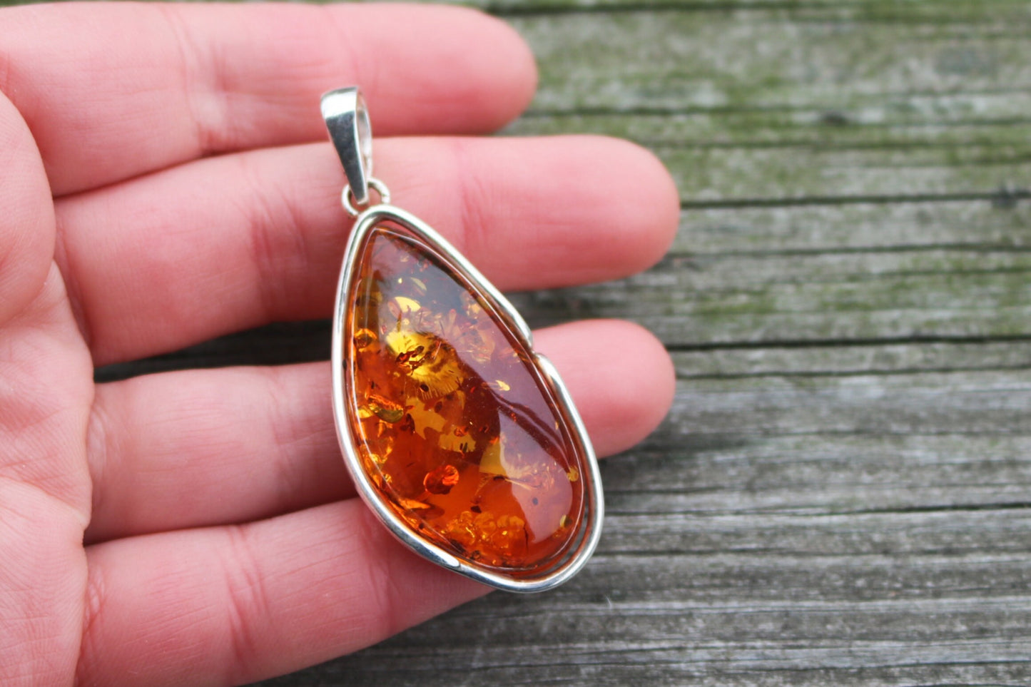 Baltic Amber Pendant Honey Sparkling Unisex 2.26" 13.1 gram 925 Silver