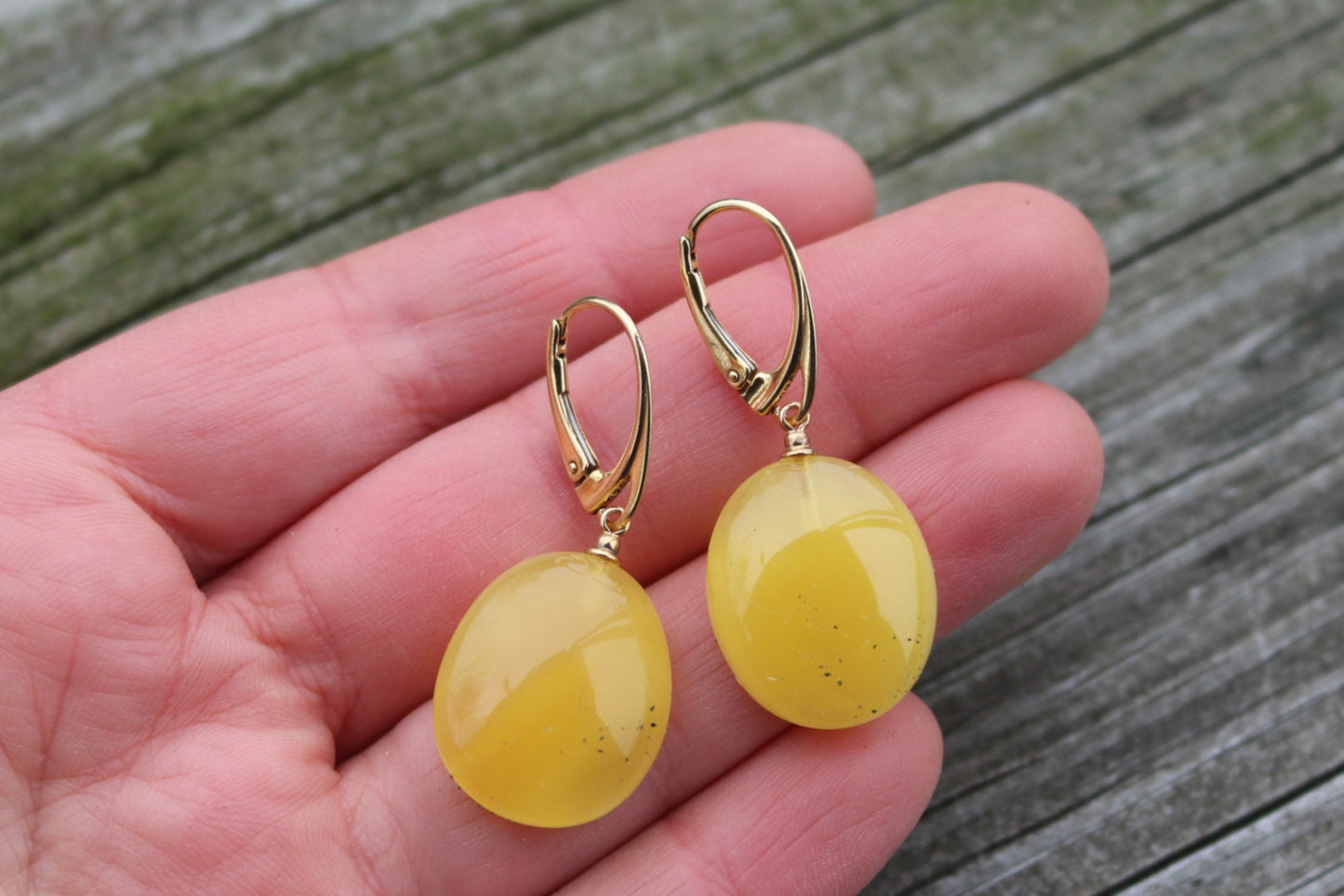 Baltic Amber Earrings Yellow Oval Gold Plated Natural Jewelry 1.9" 4.4 gram 935 Silver