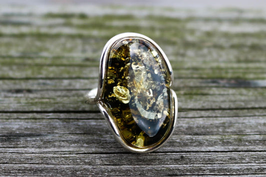 Baltic Amber Green Ring Adjustable Sparkling Jewelry 925 Silver 10.6 gram