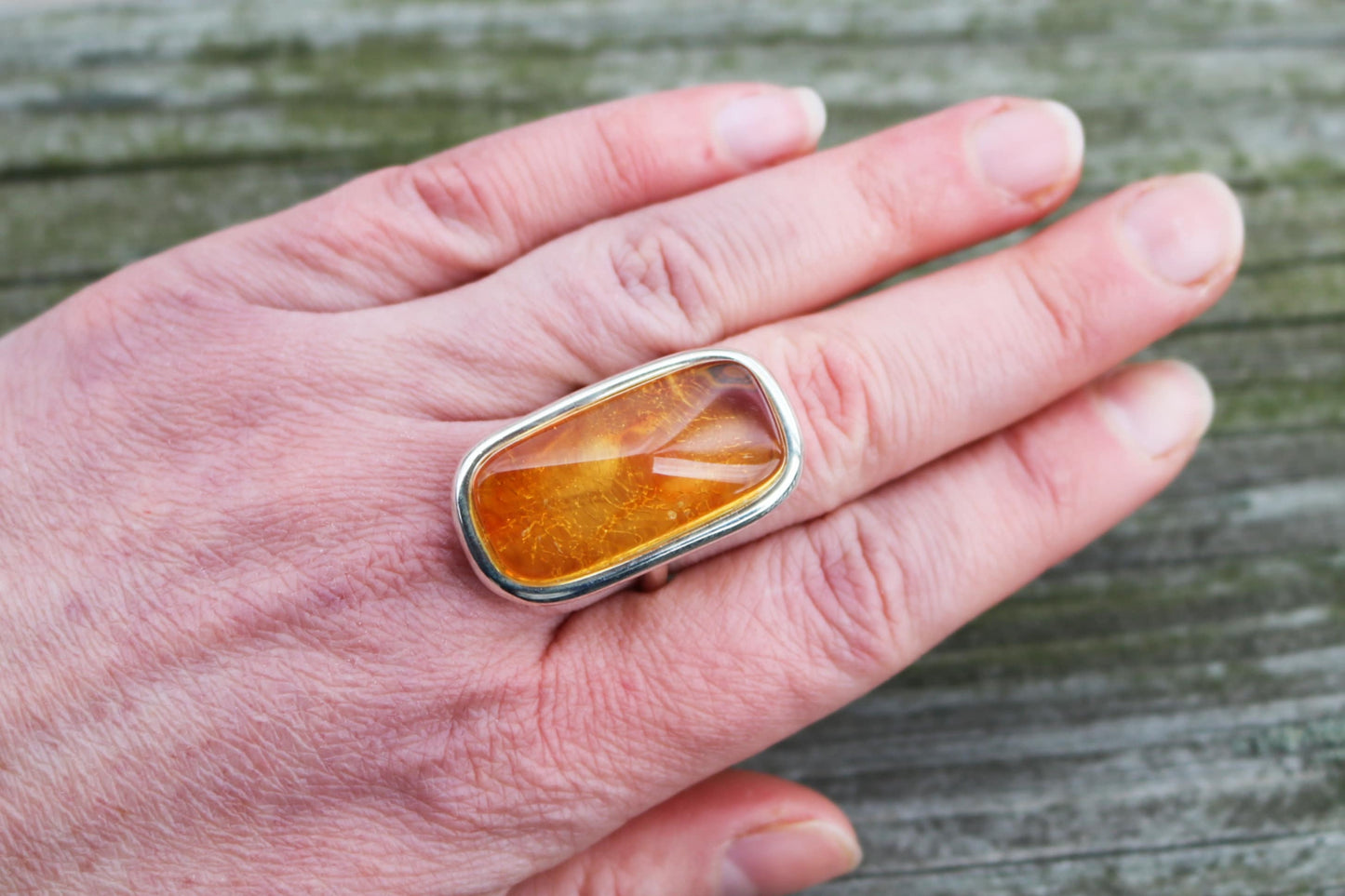 Baltic Amber Honey Ring Adjustable Table Cut Natural Untreated Unisex 925 Silver 12.6 gram