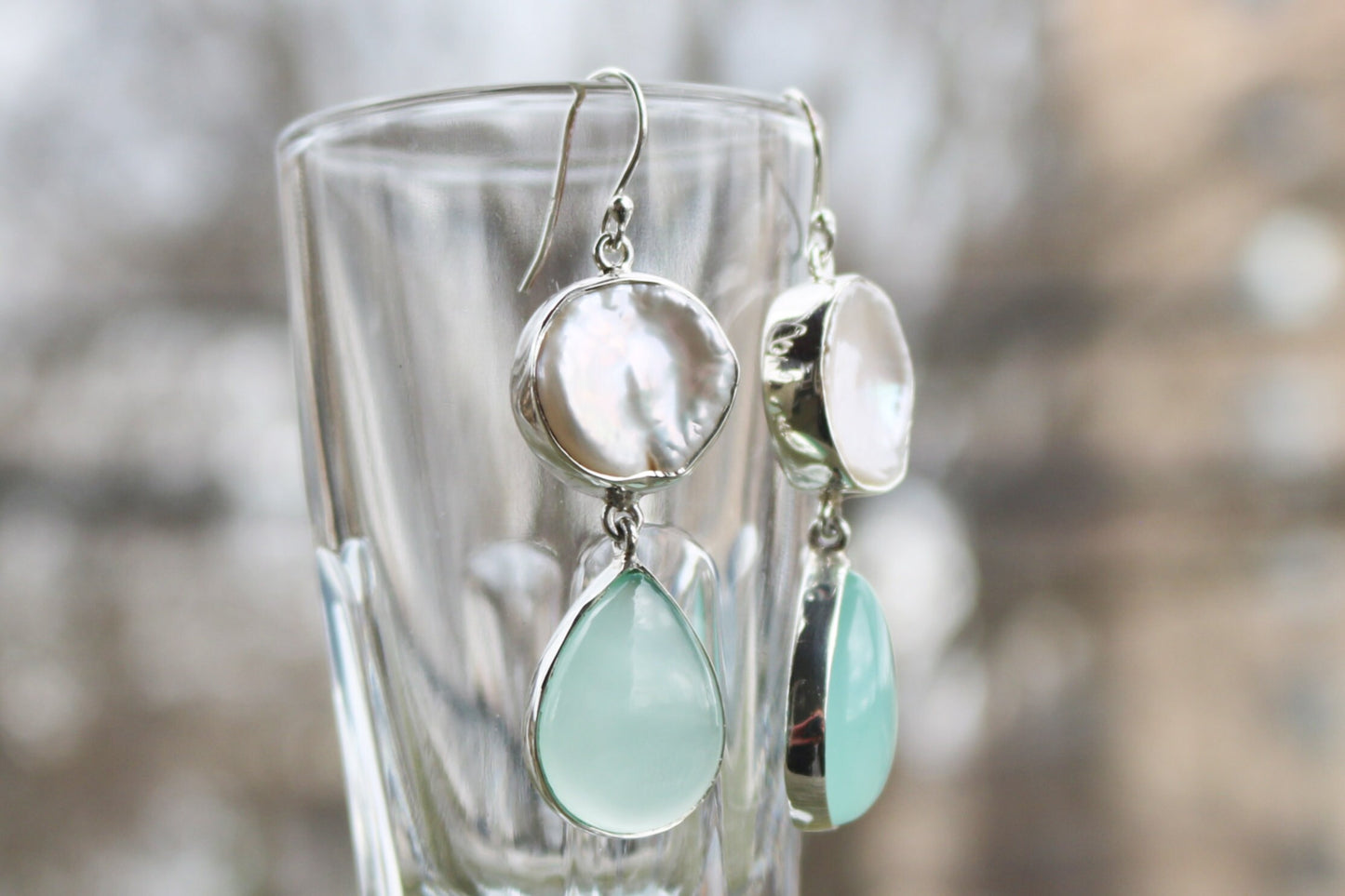 Chalcedony Pearl Earrings Dangling Round Oval Ocean Summer Jewelry 2.3" 925 Silver