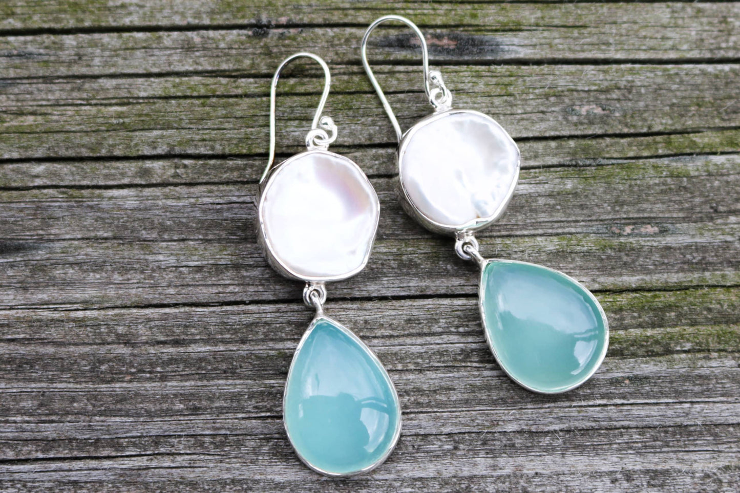 Chalcedony Pearl Earrings Dangling Round Oval Ocean Summer Jewelry 2.3" 925 Silver