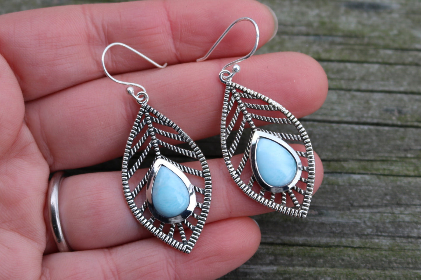 Larimar Earrings Leaf Dangling Ocean Summer Jewelry 2" 925 Silver