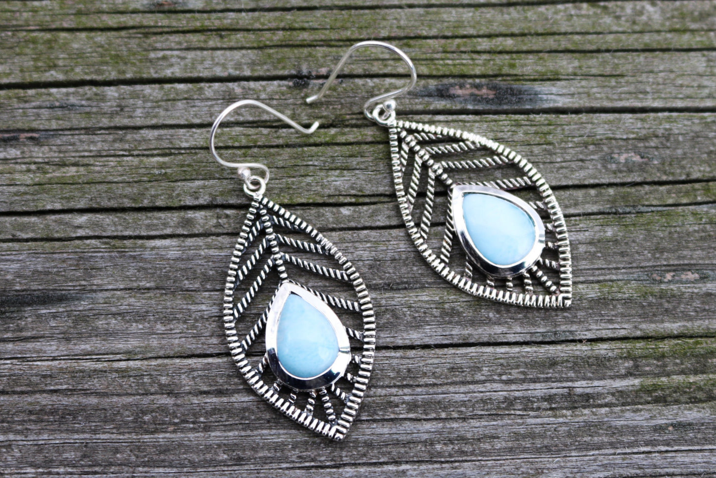 Larimar Earrings Leaf Dangling Ocean Summer Jewelry 2" 925 Silver