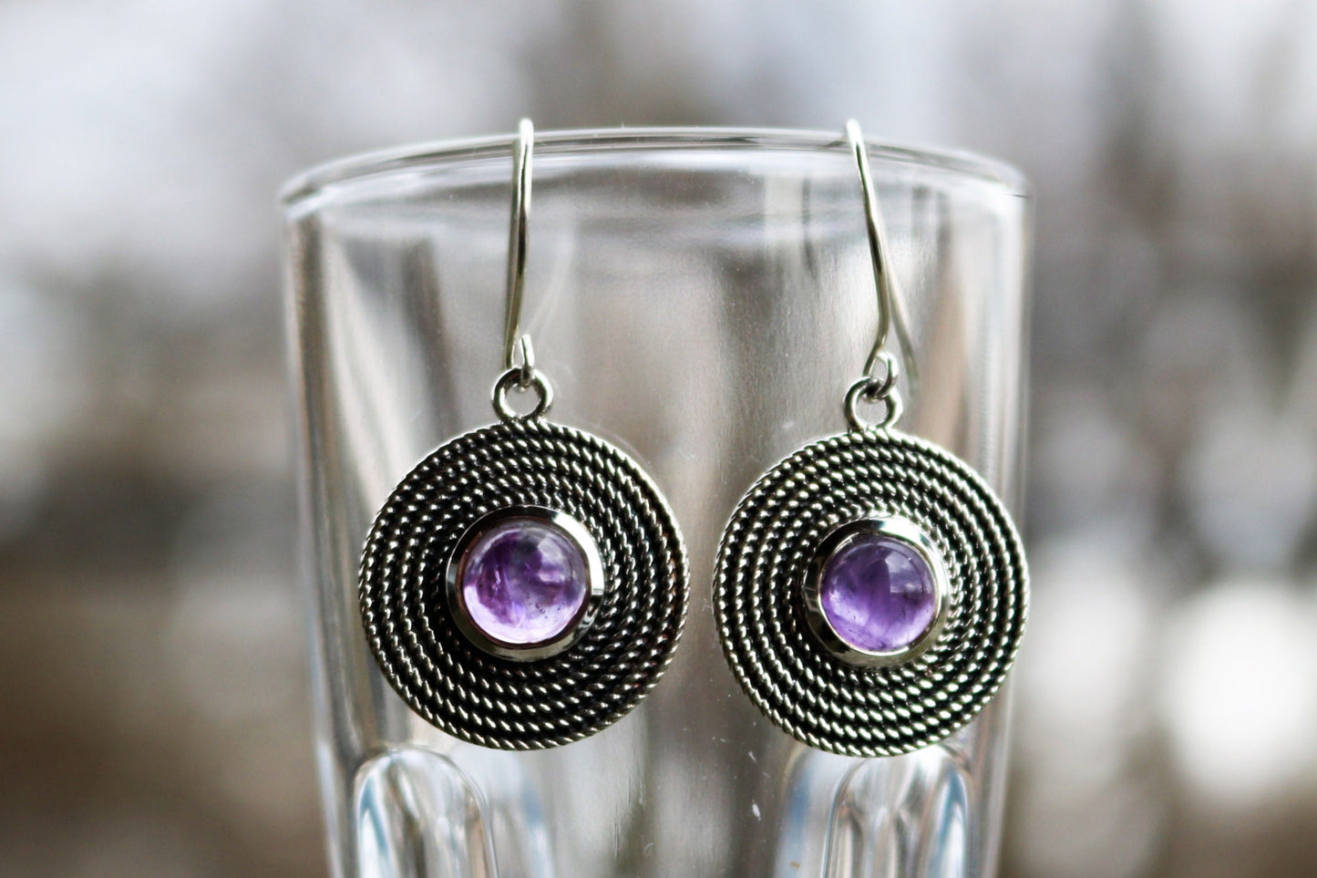 Amethyst Earrings Dangling Circle Purple Jewelry 2.3" 925 Silver