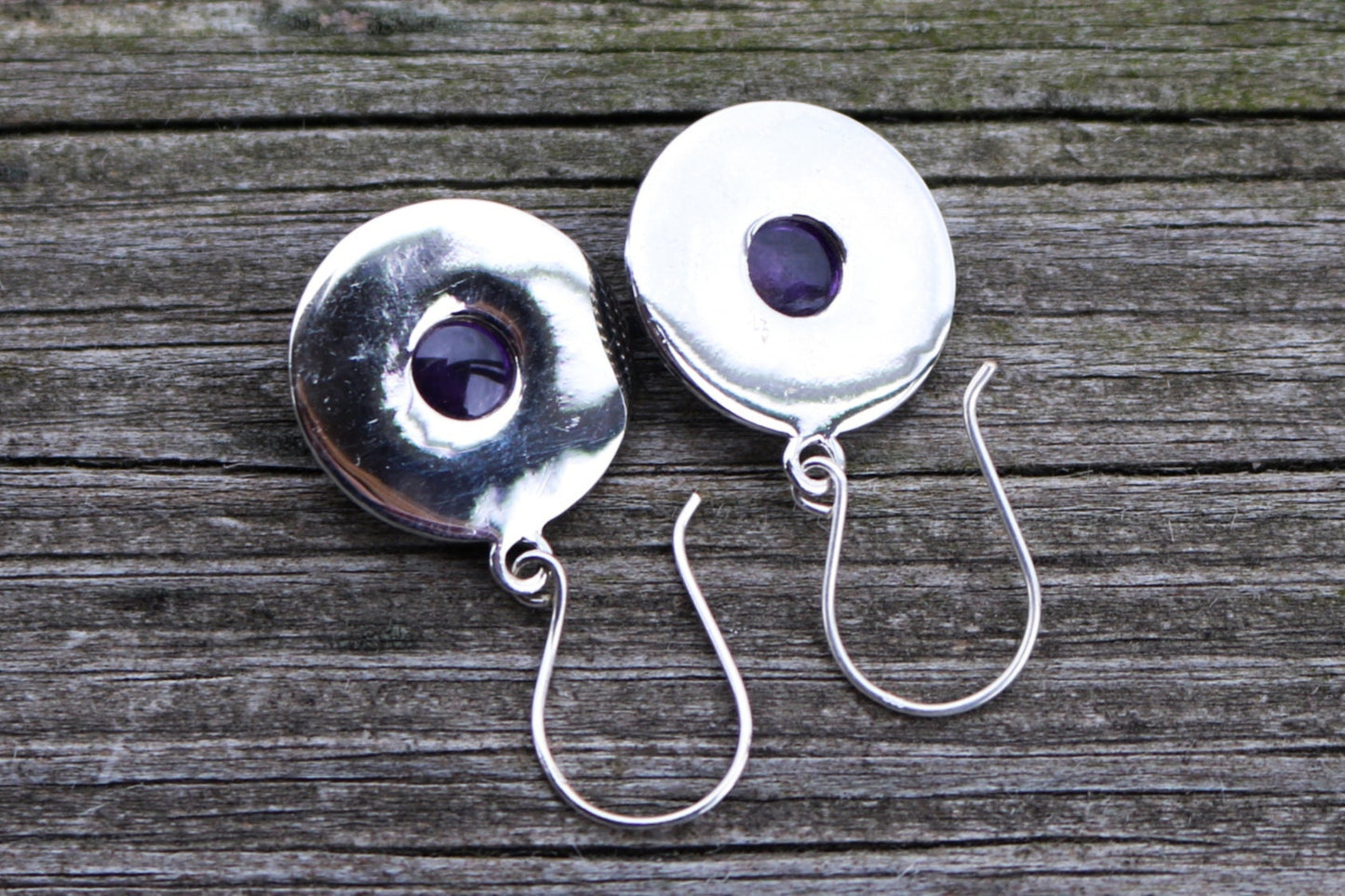 Amethyst Earrings Dangling Circle Purple Jewelry 2.3" 925 Silver