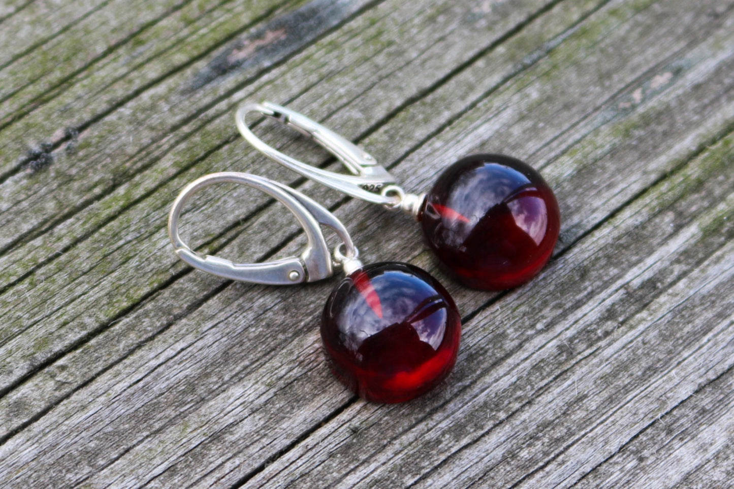 Baltic Amber Earrings Cherry Natural Dangling Round Jewelry 1.3" 3 gram 925 Silver