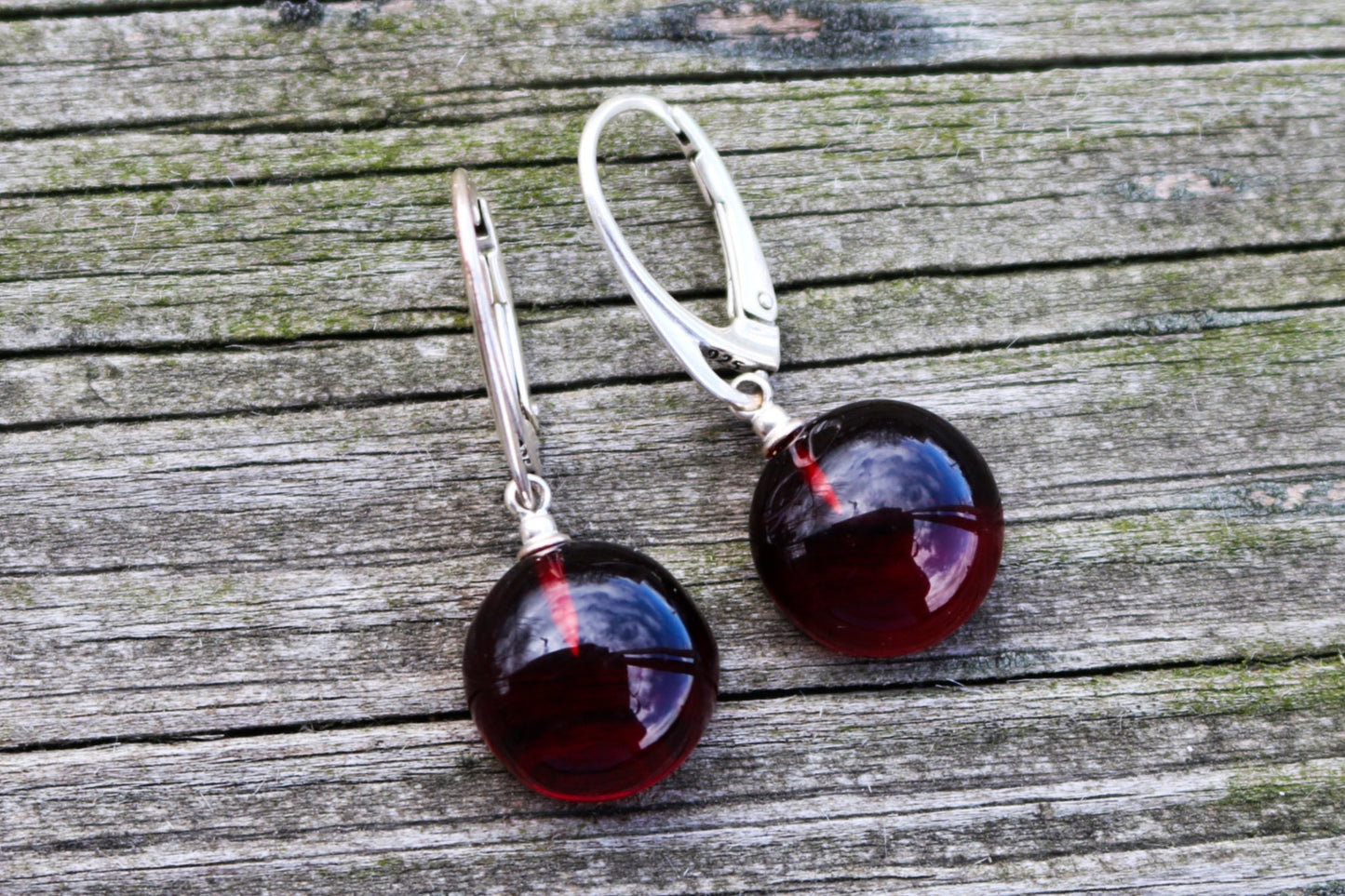 Baltic Amber Earrings Cherry Natural Dangling Round Jewelry 1.3" 3 gram 925 Silver