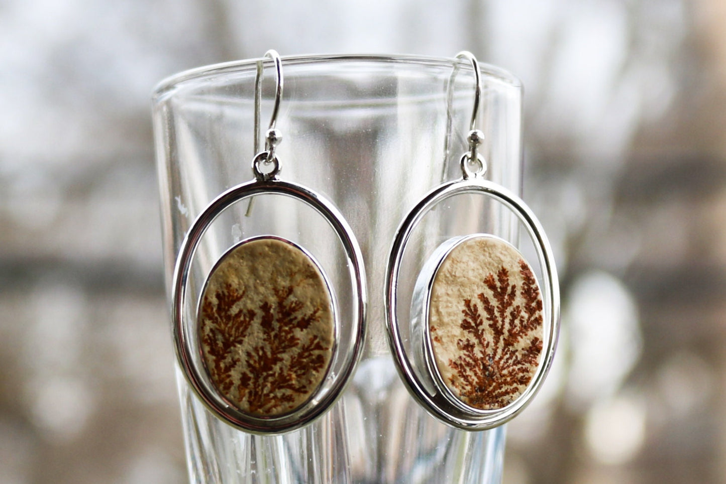 Leaf Jasper Earrings Dangling Brown Oval Jewelry 1.77" 925 Silver