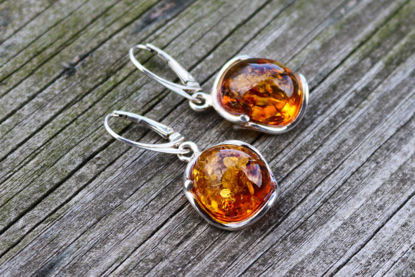 Baltic Amber Earrings Honey Sparkling Natural Jewelry 1.55" 7 gram 925 silver